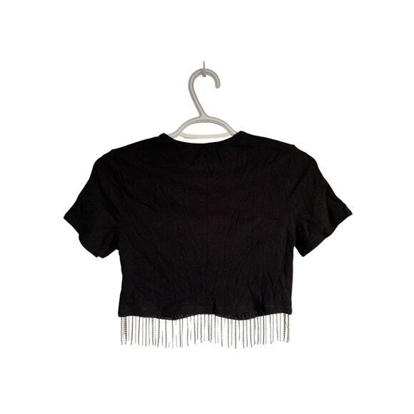 Juniors Slim Fit Black Cropped T-Shirt With Rhinestone Fringe Size Small - Picture 2 of 10